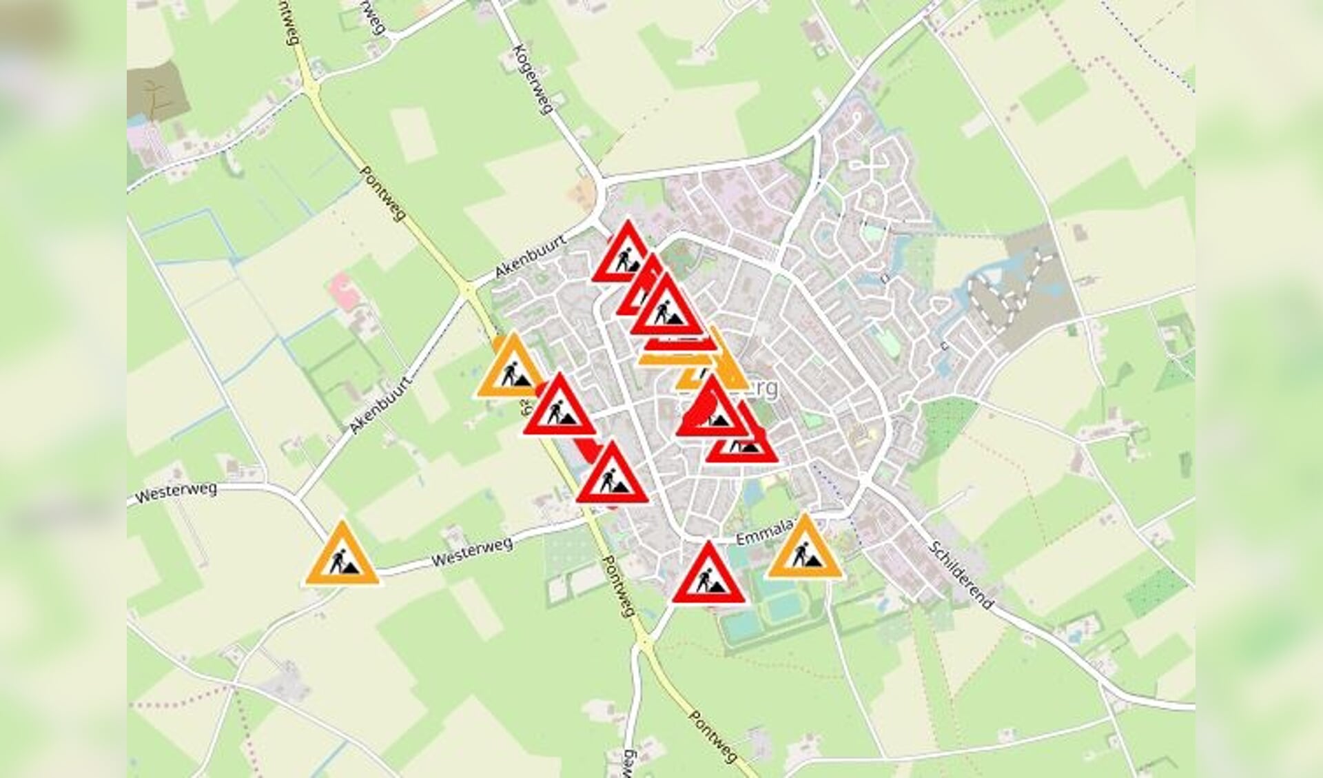 Kaartje op de website van de gemeente met een overzicht van de wegwerkzaamheden in Den Burg.