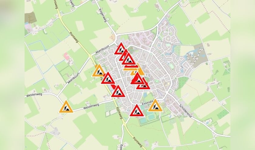 Kaartje op de website van de gemeente met een overzicht van de wegwerkzaamheden in Den Burg.