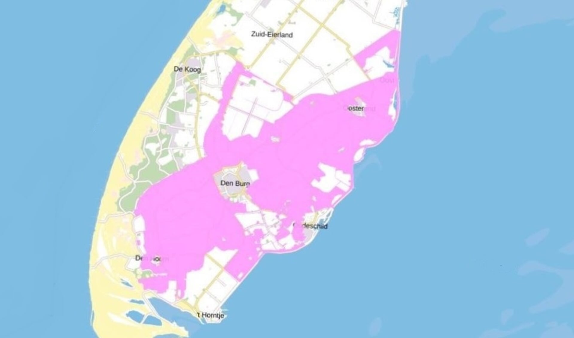 De paarse gebieden vallen onder het regime 'Bijzonder Provinciaal Landschap' op Texel.