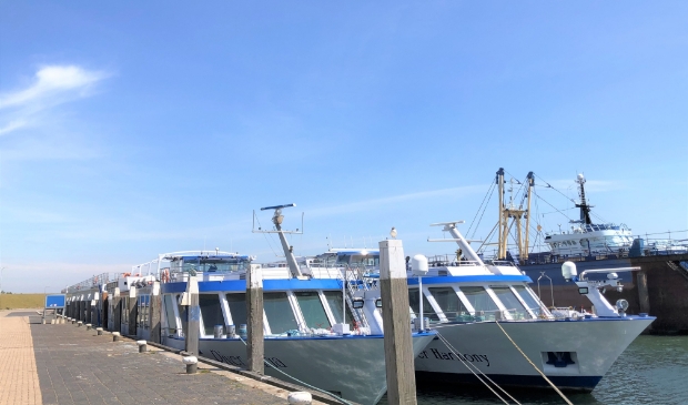 De twee cruiseschepen van 125 en 110 meter lengte aan de kade in Oudeschild.
