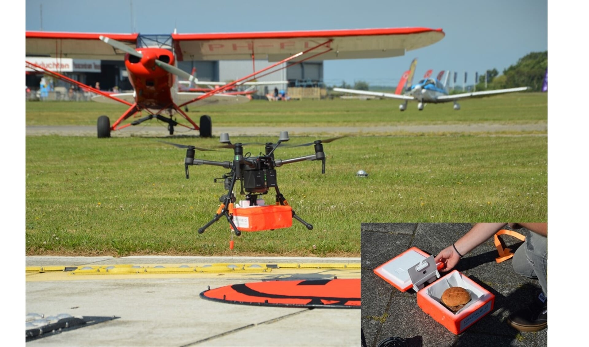 Een drone maakt na een testvlucht een precisielanding op het vliegveld en bezorgt Mike de Bruijn van Texel Airport een broodje hamburger. 