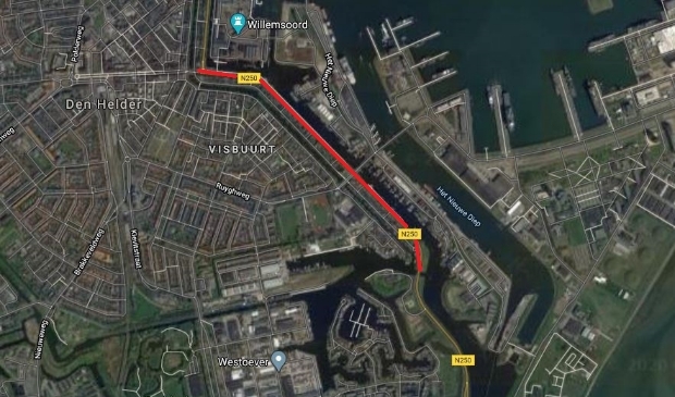 Het deel van de N250 in Den Helder dat tijdelijk dicht gaat.