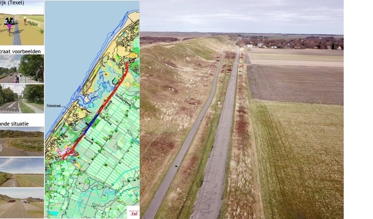 De Zanddijk. Links een visualisatie door de gemeente, rechts de bestaande situatie. 