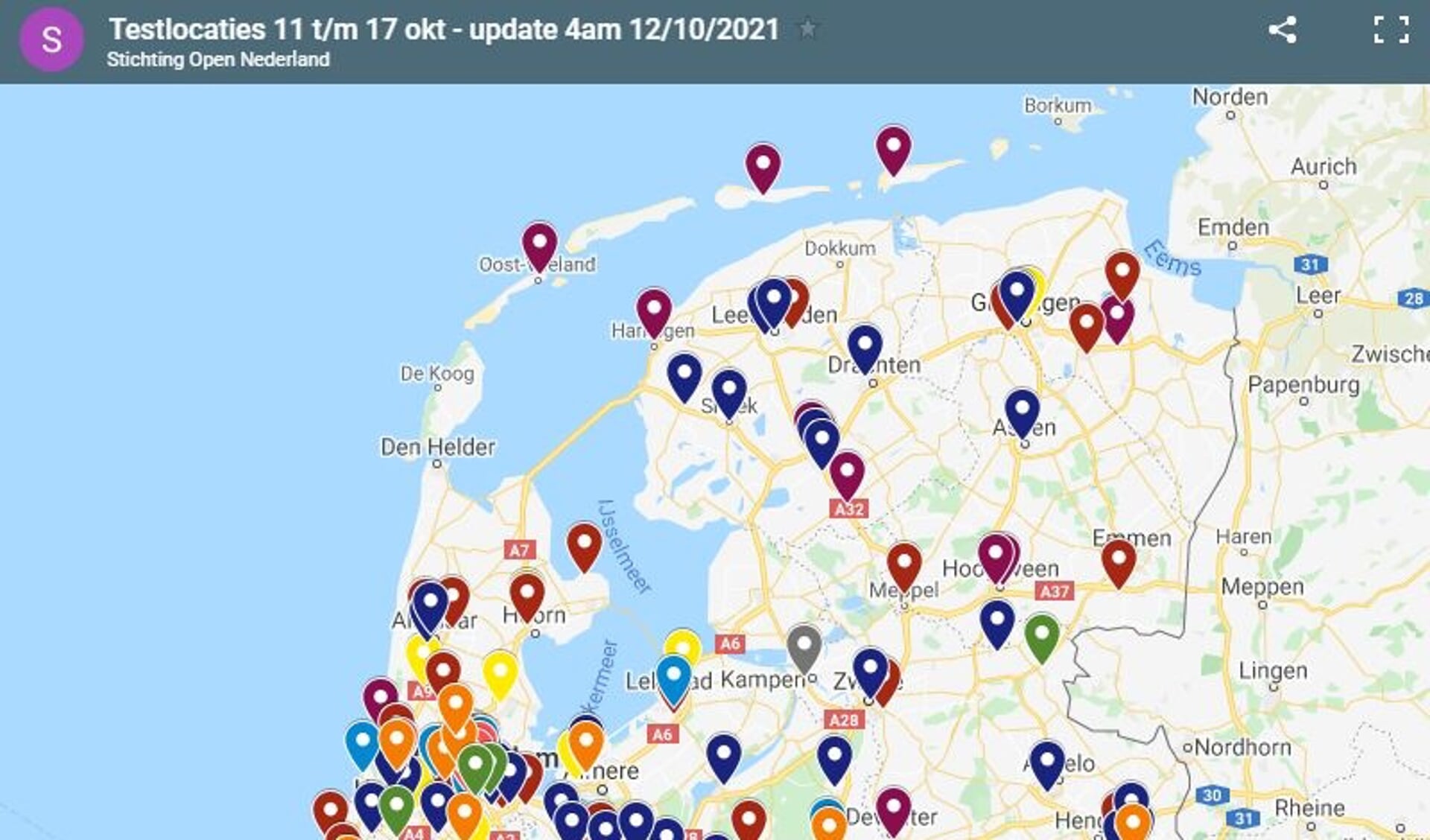 De huidige kaart met locaties van 'Testen voor Toegang'. Texel kent geen locatie meer.