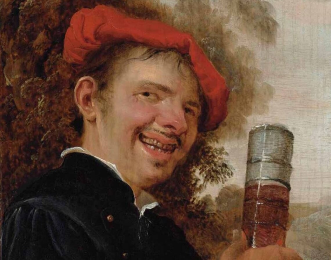 Foto: Op Petrus Staverenus’ ‘Lachende man met een pasglas in de hand’ (1650) heeft het bier een volle schuimkraag.