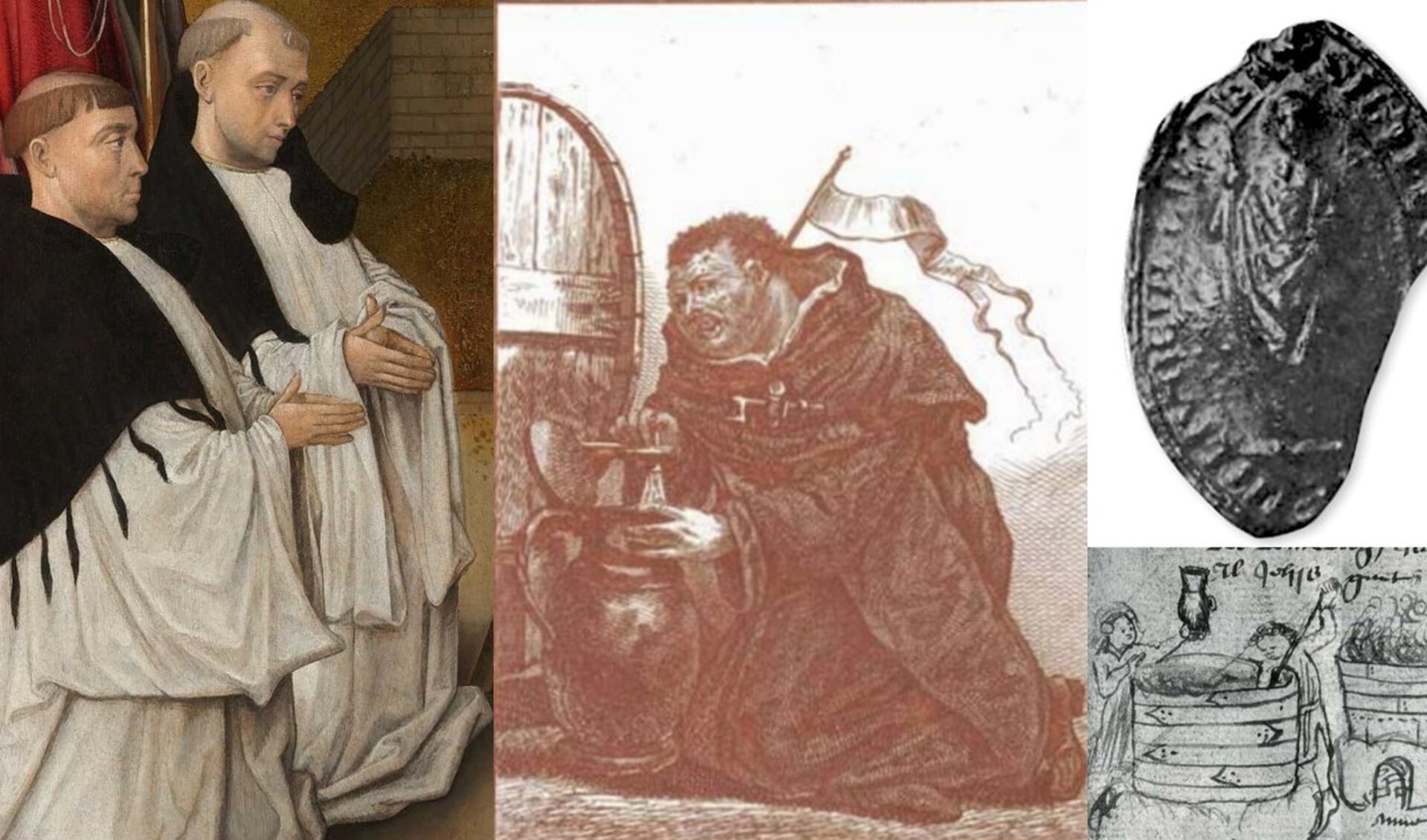 Vlnr: Ludingakerker kloosterlingen; ‘Monnik tapt bier uit een vat’: Spotprent van Jacob Gole; Zegel van abt van Ludingakerke; Middeleeuwse brouwerij.  