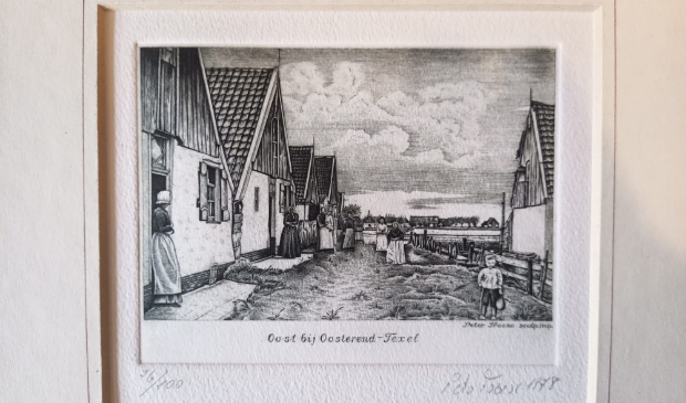 <p>Ets van Peter Kroese uit1878 ‘zicht bij Oosterend’ </p>