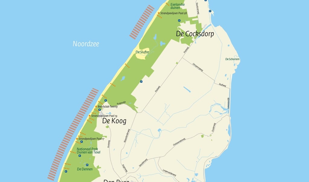 De delen van de Texelse Noordzeekust waar een zandsuppletie op het strand gaat plaatsvinden.