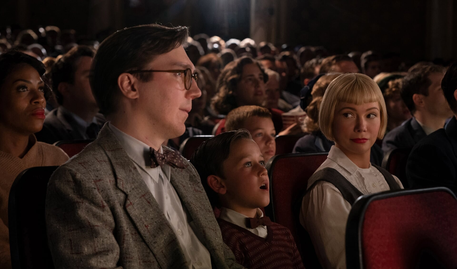 (from left) Burt Fabelman (Paul Dano), Younger Sammy Fabelman (Mateo Zoryan Francis-DeFord) and Mitzi Fabelman (Michelle Williams) in The Fabelmans, co-written, produced and directed by Steven Spielberg.