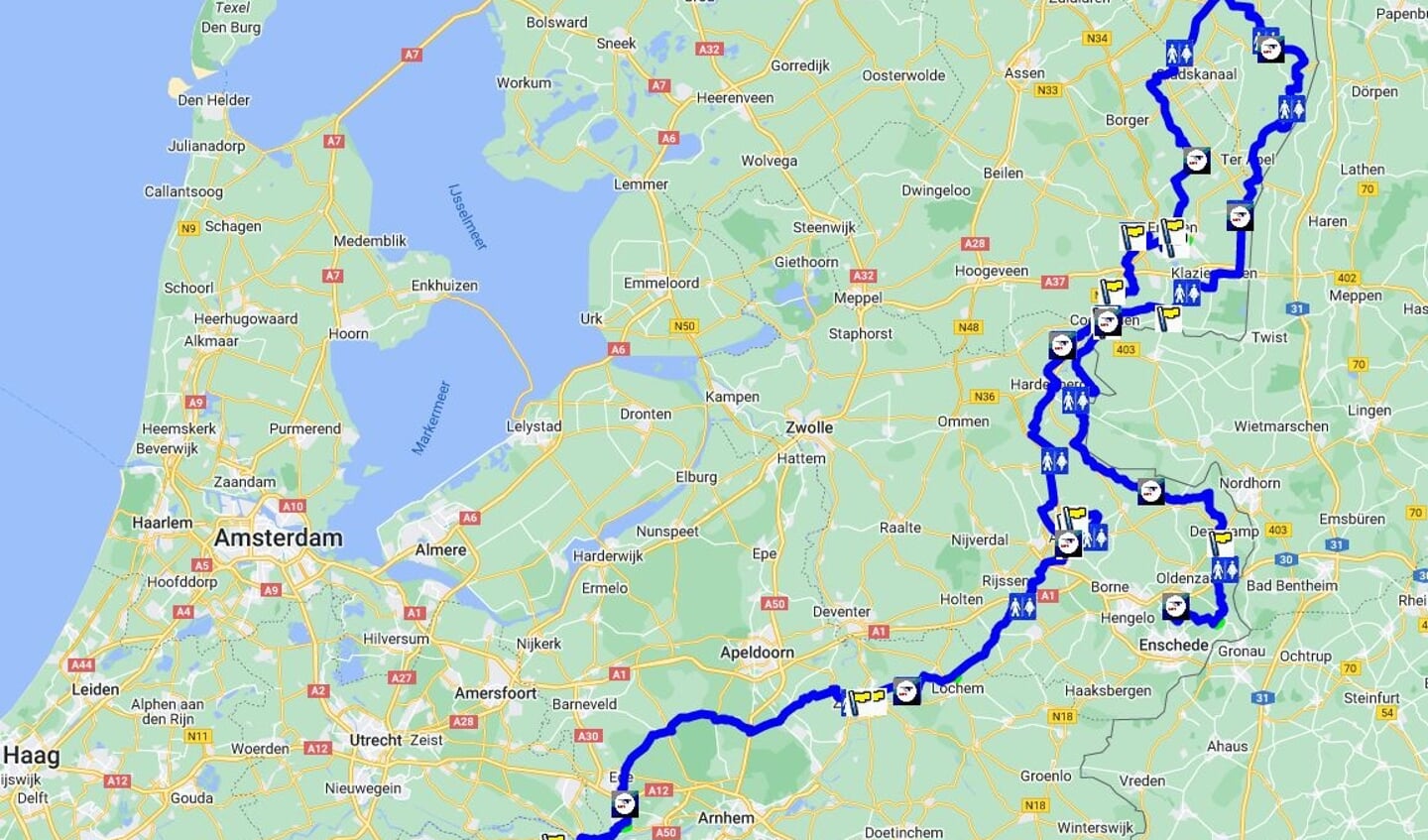De route voert het team eerst van Twenthe naar Oude Pekela en dan naar Rotterdam.