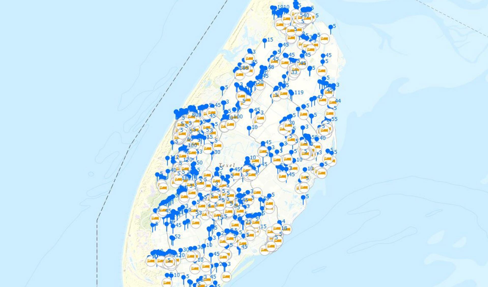 Een overzichtskaart van Texel op het nieuwe online slaapplaatsregistratiesysteem van de gemeente.