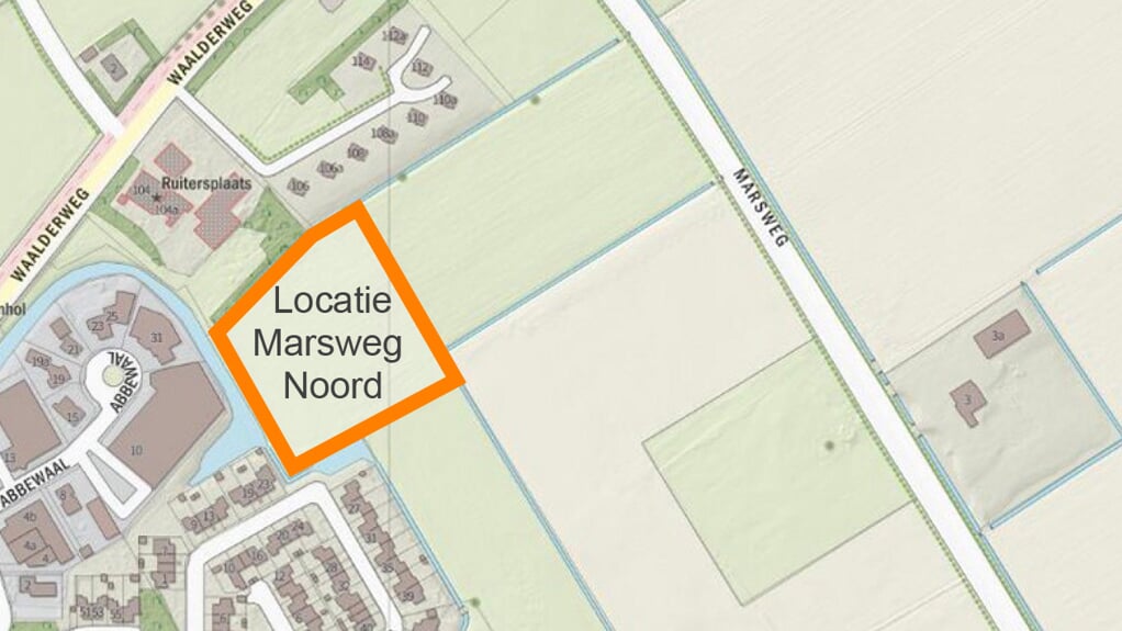 Het indicatief zoekgebied voor 90 woningen aan de Marsweg Noord in Den Burg.