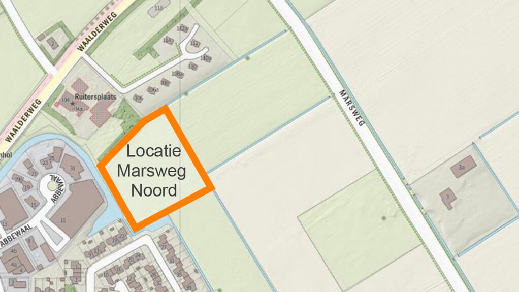Het indicatief plangebied voor de negentig flexwoningen aan de Marsweg Noord bij Den Burg.