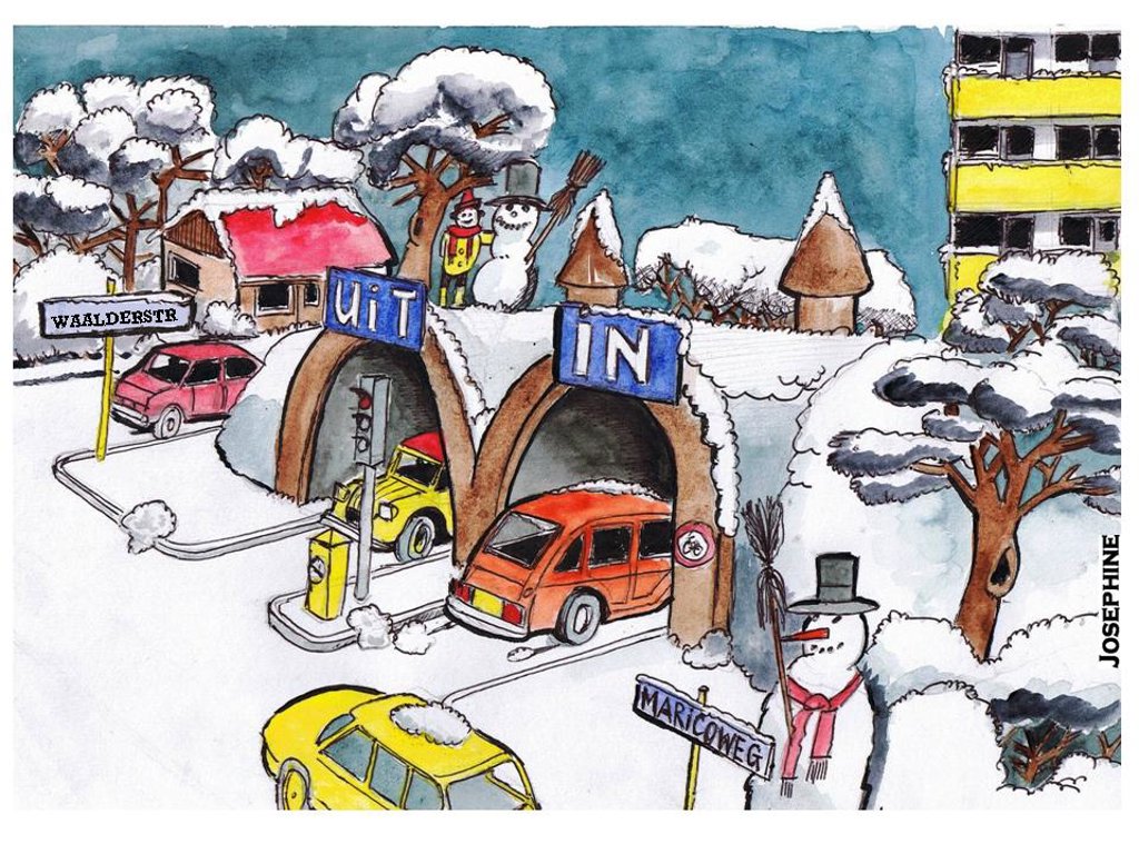 Cartoonist Josephine stuurde deze ingezonden tekening als oplossing voor de verkeersperikelen rond Waaldereind. Tunnels voor het bereiken van de ondergrondse parkeerplaats aan de Waalderstraat. 