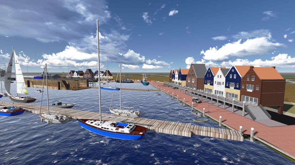 Impressie van de haven van Oudeschild, met onder meer huisjes, een pakhuis annex watersportwinkel, een markt, een zeilschool voor zeekadetten en een wandelpromenade.