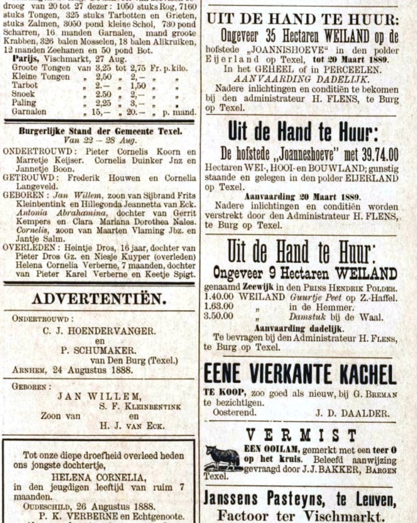 Ook advertentiën vormden een belangrijk onderdeel van de krant van 1888. 