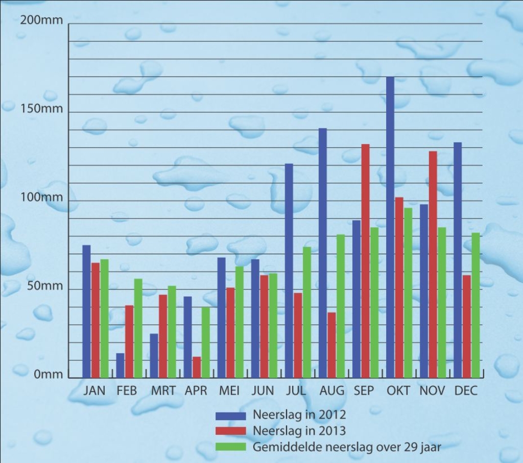 Grafisch overzicht van de neerslag in 2012 (blauw), 2013 (rood) en het gemiddelde over 29 jaar (groen).