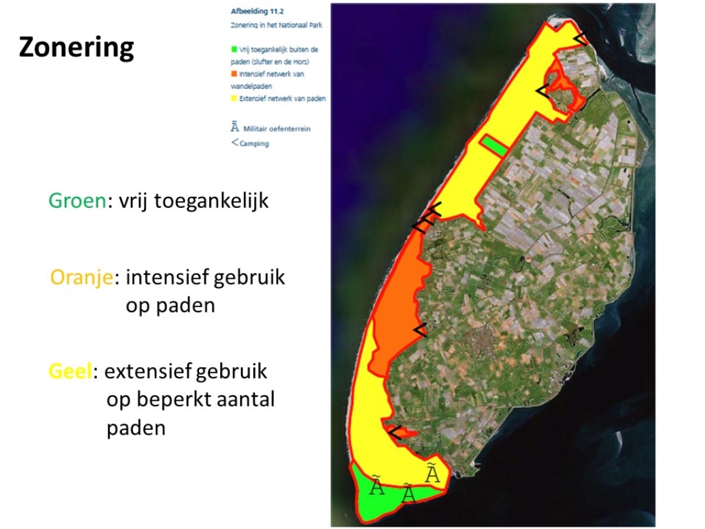 De zonering in Nationaal Park Duinen van Texel verdeelt het gebied in die gebieden voor uiteenlopend recreatiegebruik. 