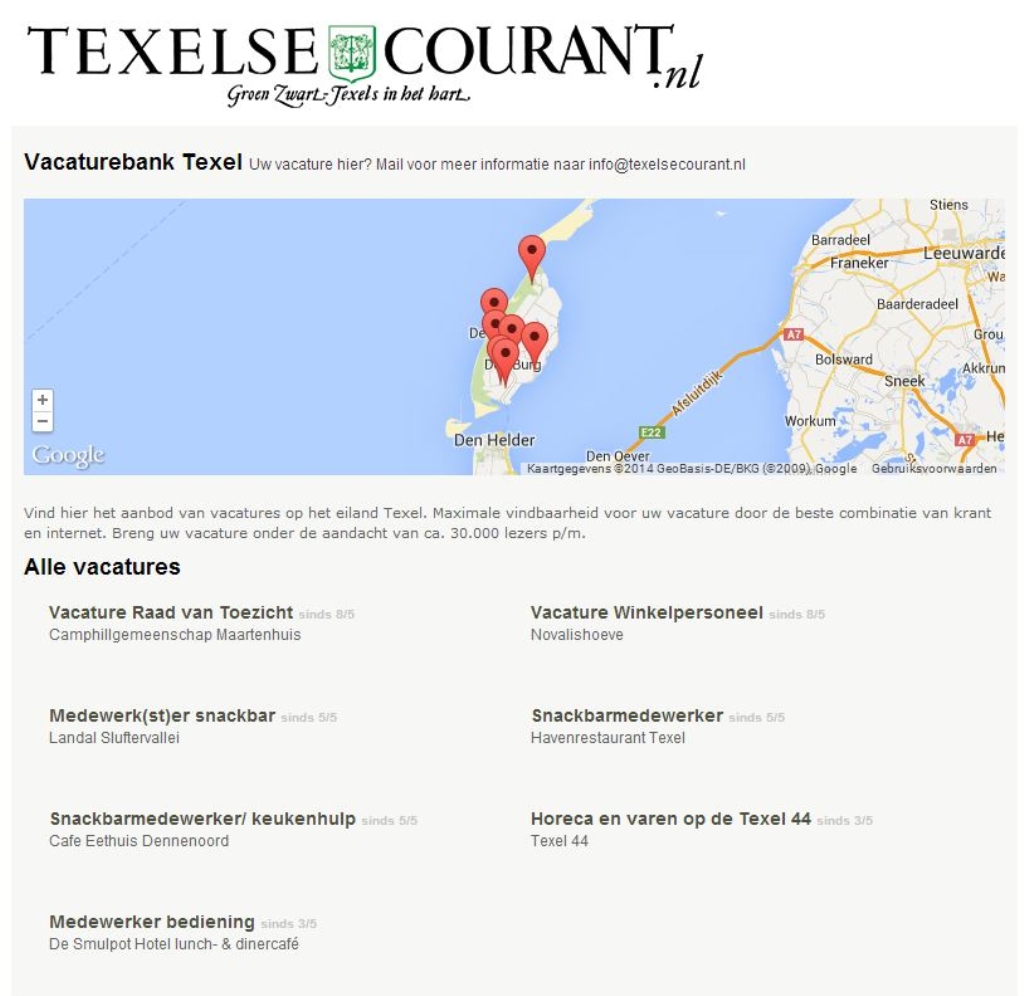 Een overzicht van vacatures op de website van de Texelse Courant.