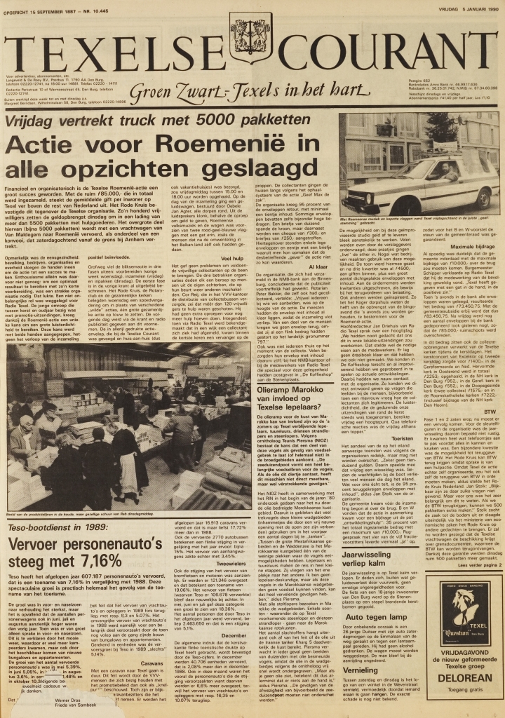 Voorpagina van de Texelse Courant van 5 januari 1990.