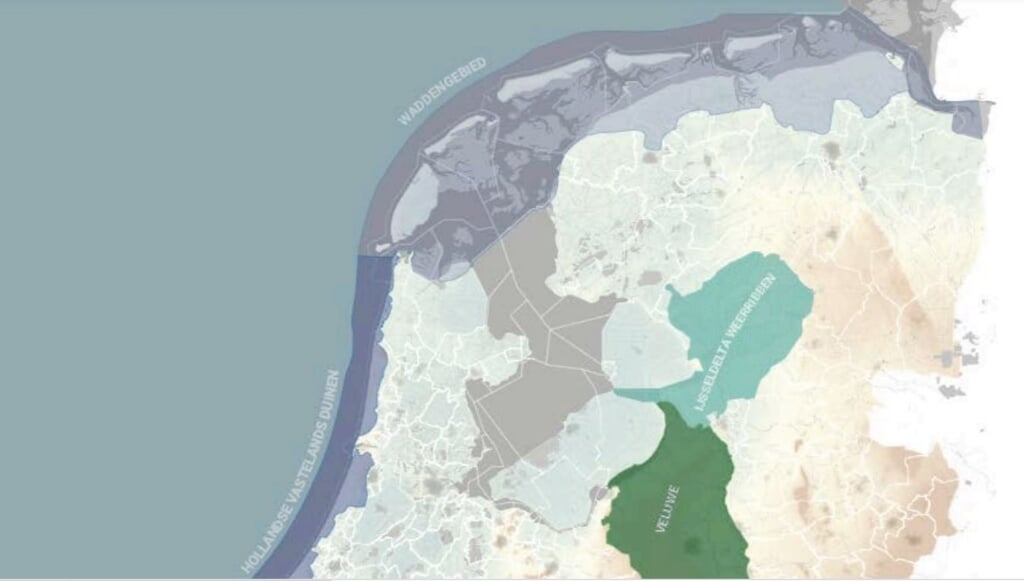 Zonering van de beoogde nieuwe Nationale Parken. Het grijze gebied markeert de omvang van Nationaal Park Waddengebied, incl. de eilanden.  
