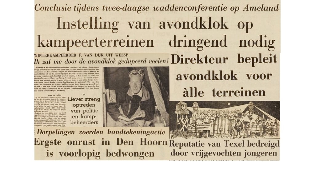 Knipsels van berichten uit de Texelse Courant uit de jaren '60 over de avondklok. De spotprent rechtsonder is getekend door Jan Bruin. 