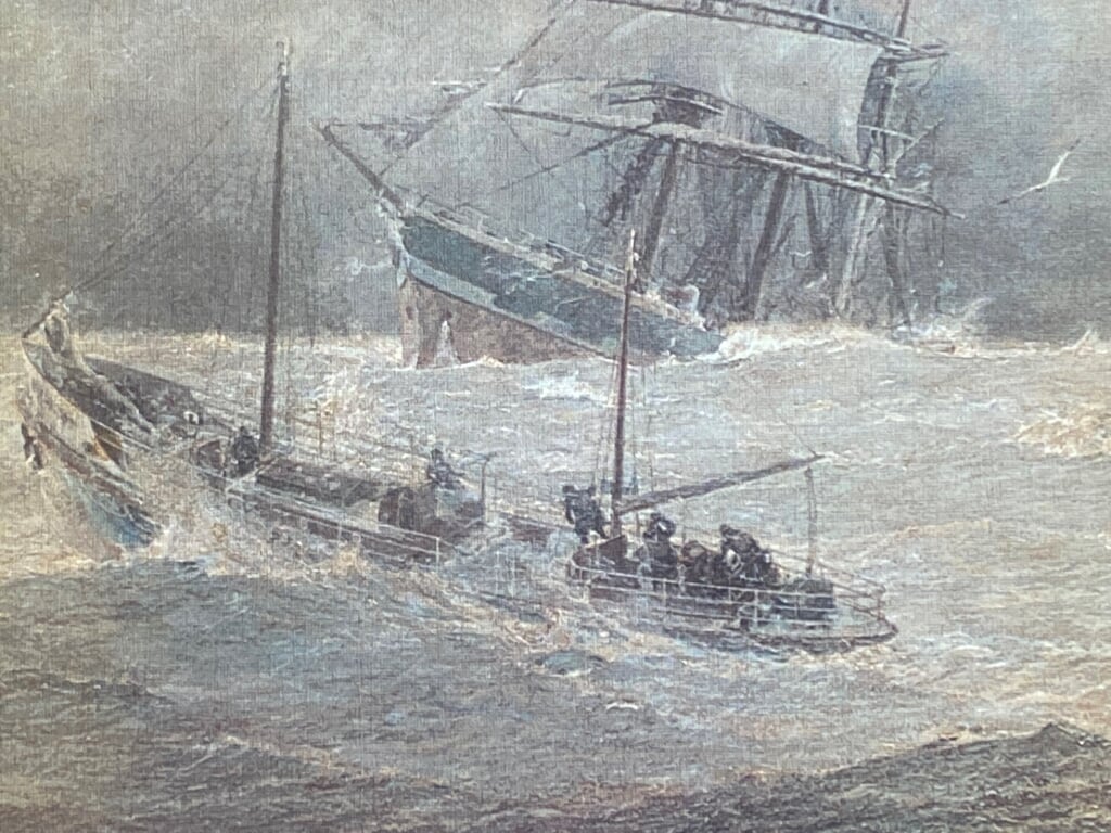 Reddingboot Brandaris I in volle zee tijdens een reddingsactie, schilderij van E.M. Eden