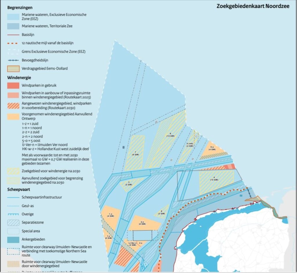 Uitsnede van de "Zoekgebiedenkaart Noordzee", met de potentiële windmolenparken. 