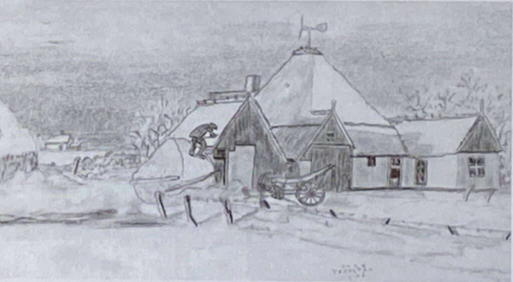 Tekening van boerderij Patrimonium bij Oosterend, met windmolen. 