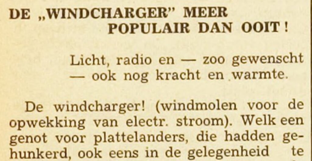 1941: Bericht in de Texele Courant over de windcharger. 