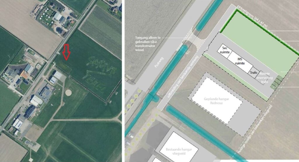 Situatiekaart voor het nieuwe elektriciteitsstation langs de Postweg, ten noorden van het vliegveld. 