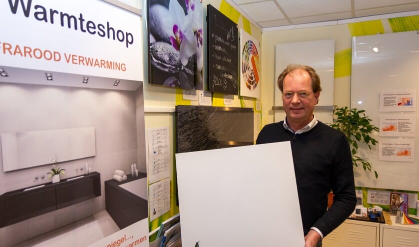 Erik Meijer toont een infraroodpaneel. Het paneel is in alle Ral-kleuren verkrijgbaar.