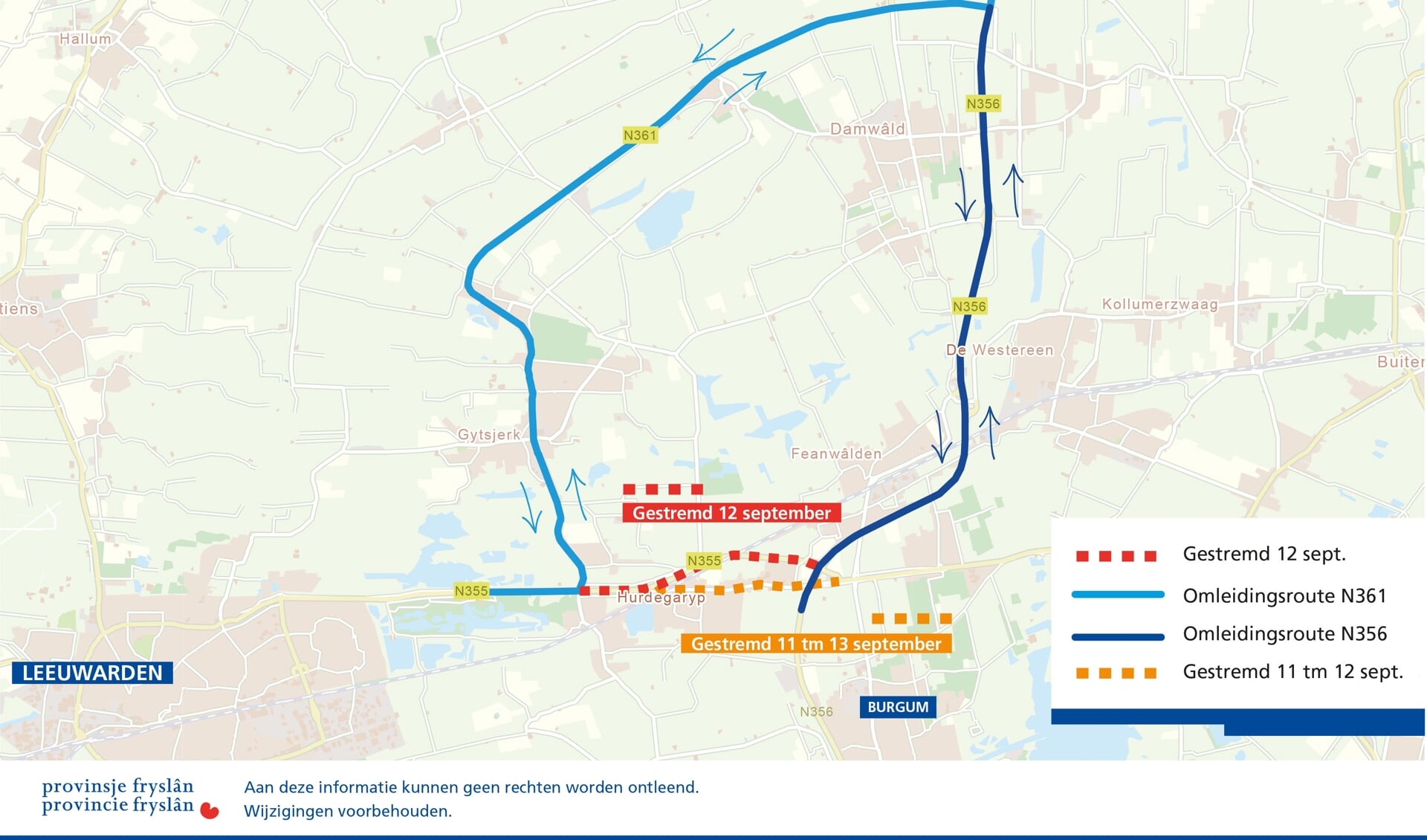 De omleidingsroute die mogelijk is, als zowel de Rondweg als de Rijksstraatweg bij Hurdegaryp zijn afgesloten op donderdag 12 september.