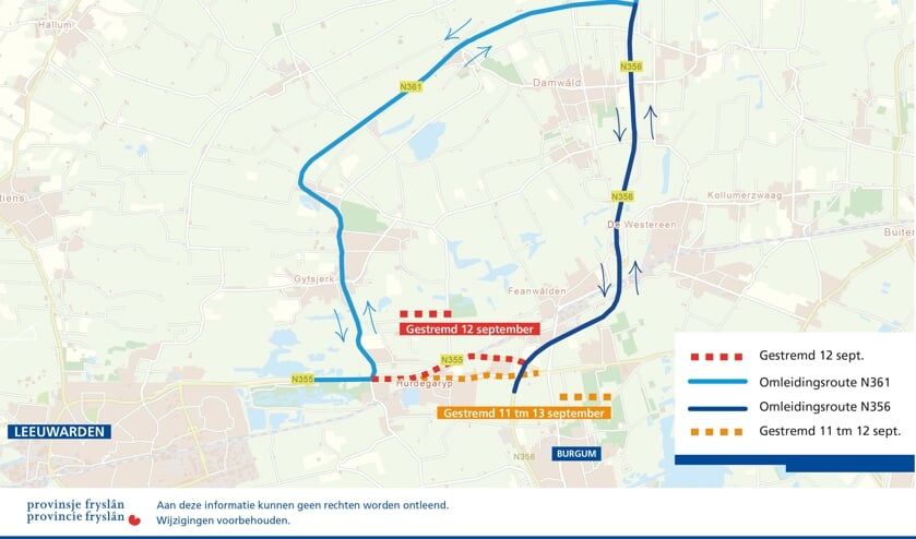 De omleidingsroute die mogelijk is, als zowel de Rondweg als de Rijksstraatweg bij Hurdegaryp zijn afgesloten op donderdag 12 september.
