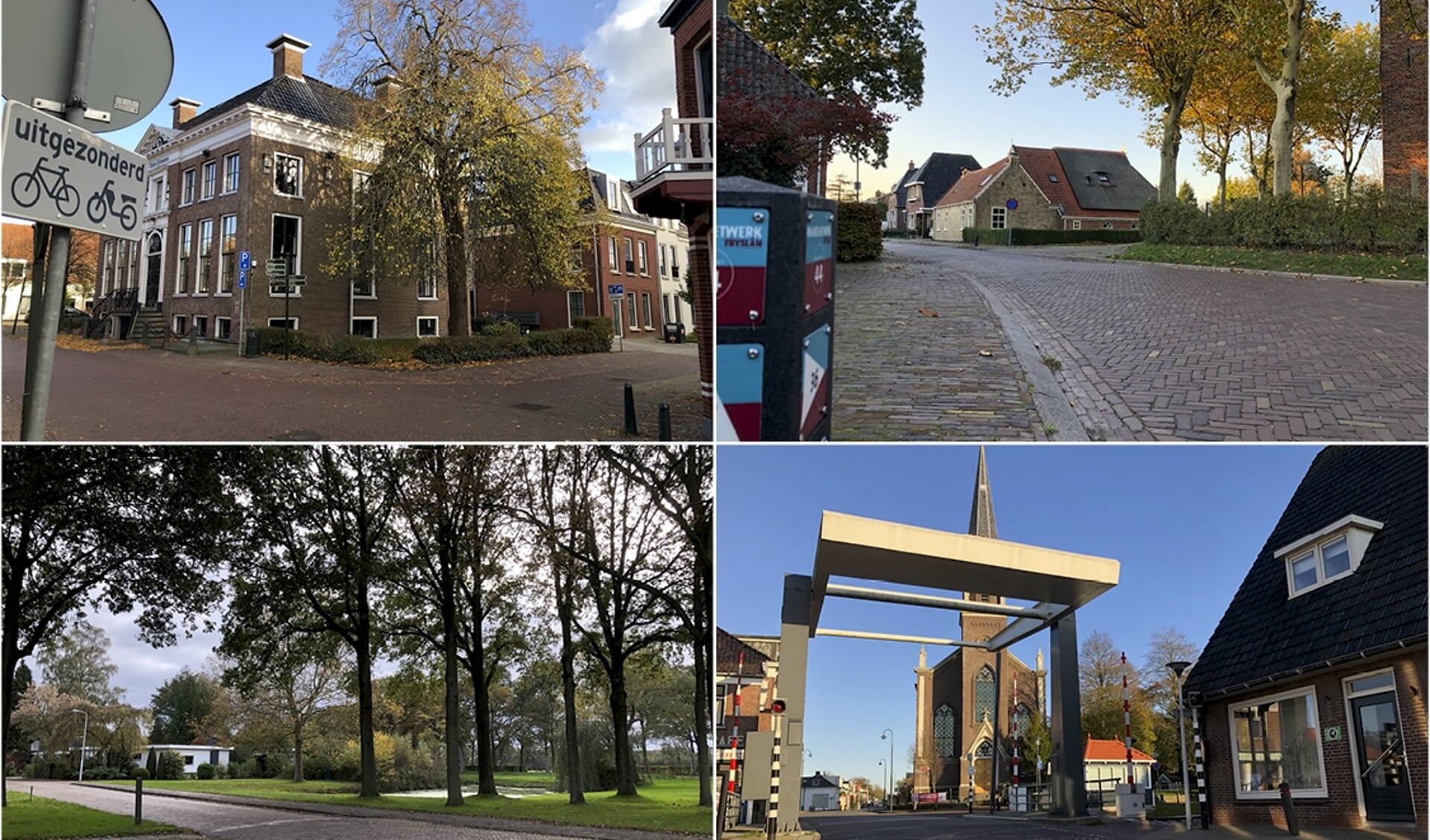 Vier van de twaalf kruispunten uit de fotopuzzel: in Kollum,Jistrum, Beetsterzwaag en Wergea.