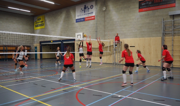 <p>De volleybaldames van Buitenpost in actie.</p>