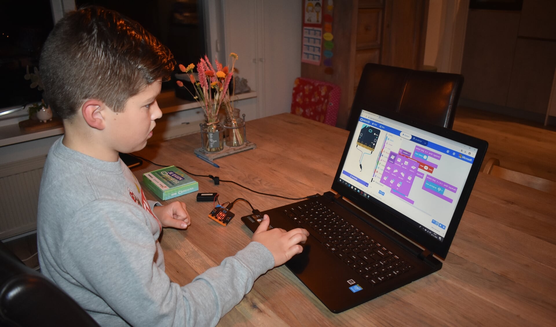 Sven de Groot uit Dokkum programmeert met de microbit (bij zijn linker hand) en een laptop van z'n ouders. Scan voor een filmpje de foto met de ActiefPlus-app.