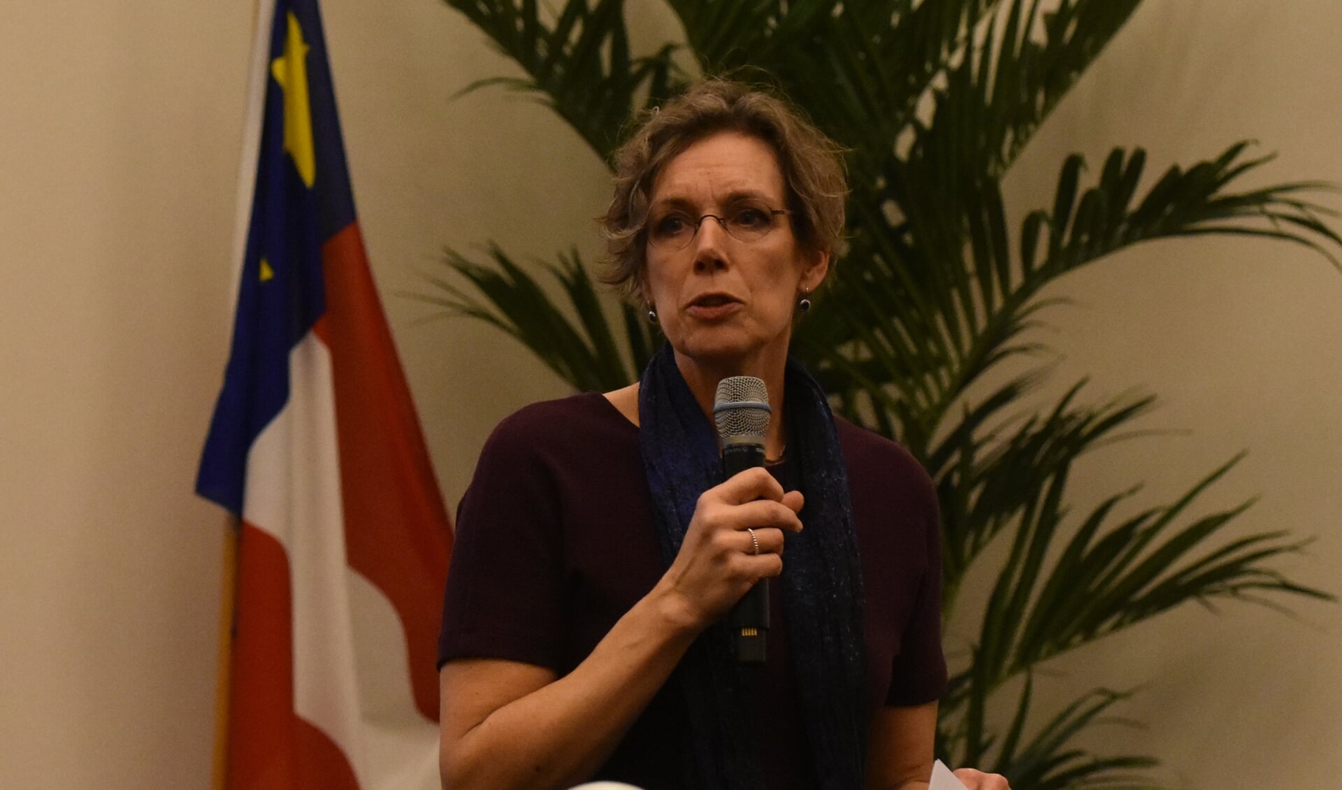 Directeur Jeannette Dekker (Thús Wonen) over de beleidsvisie Wonen, bij een raadsvergadering van Noardeast-Fryslân.
