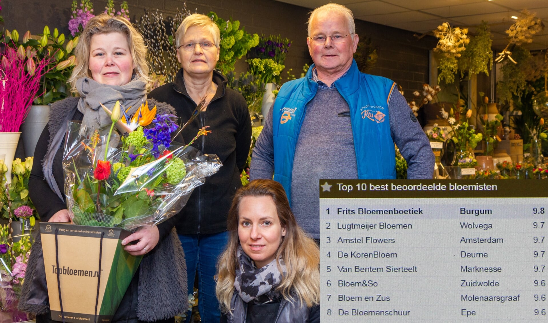 Alida, Ypie en Frits Haisma, op de voorgrond Attie van Akker. Inzet: de top 10 van Topbloemen.nl.