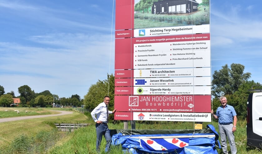 Wethouder Jelle Boerema (links) en secretaris Mient Holwerda onthullen het bouwbord voor het nieuwe bezoekerscentrum. De nieuwbouw begint na de bouwvak. Zie ook het filmpje met de Actief Plus-app.