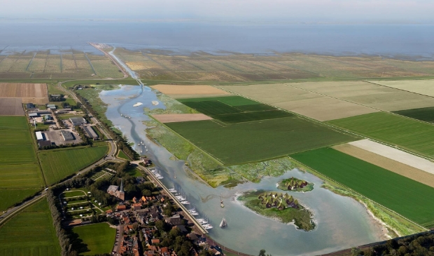 <p>Een toekomstbeeld van het getijdenmeer bij Holwerd. Hier moet wellicht een ringsloot bij, om verziltingseffecten te beperken</p> 