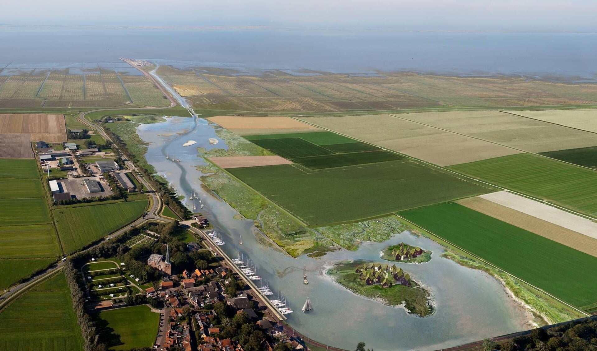 Een toekomstbeeld van het getijdenmeer bij Holwerd. Hier moet wellicht een ringsloot bij, om verziltingseffecten te beperken