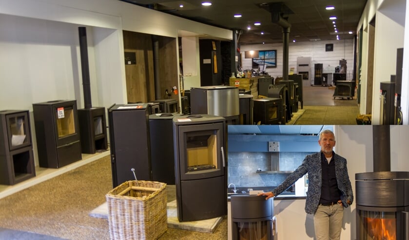Een deel van de showroom van Kachelspecialist BV. Inzet: Feico Prosje toont de kachels van het merk Hase.