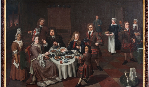 <p>Het schilderij “Maaltijd met Julius Schelto van Aitzema, Sara van der Broek, gasten en bedienden"</p>