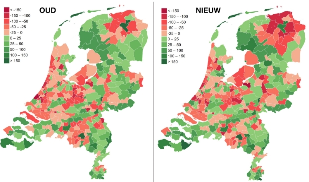 Links het kaartje zoals gepresenteerd door BZK, rechts op basis van eigen berekeningen van Friese en Groningse gemeenten.