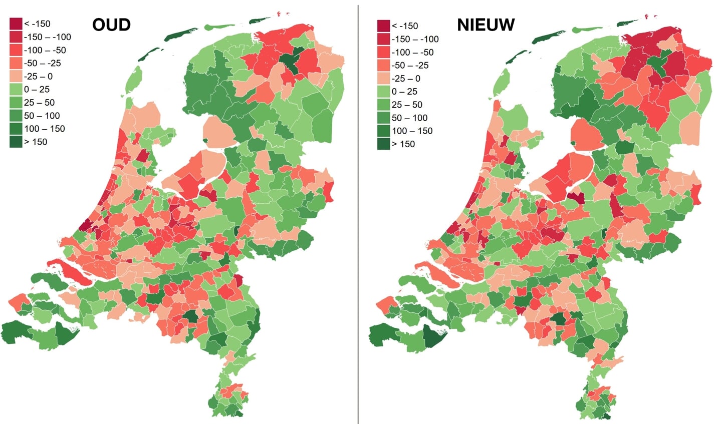 Links het kaartje zoals gepresenteerd door BZK, rechts op basis van eigen berekeningen van Friese en Groningse gemeenten.