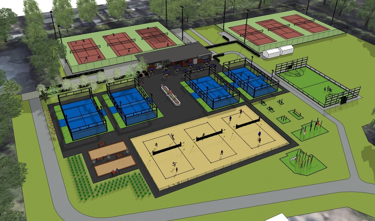 Een schets van tennisvereniging De Leechkamp: beachvolleybal op de voorgrond, padelbanen in het midden, tennisbanen achteraan, rechts voor jeu de boules en rechts een basketbalveld.