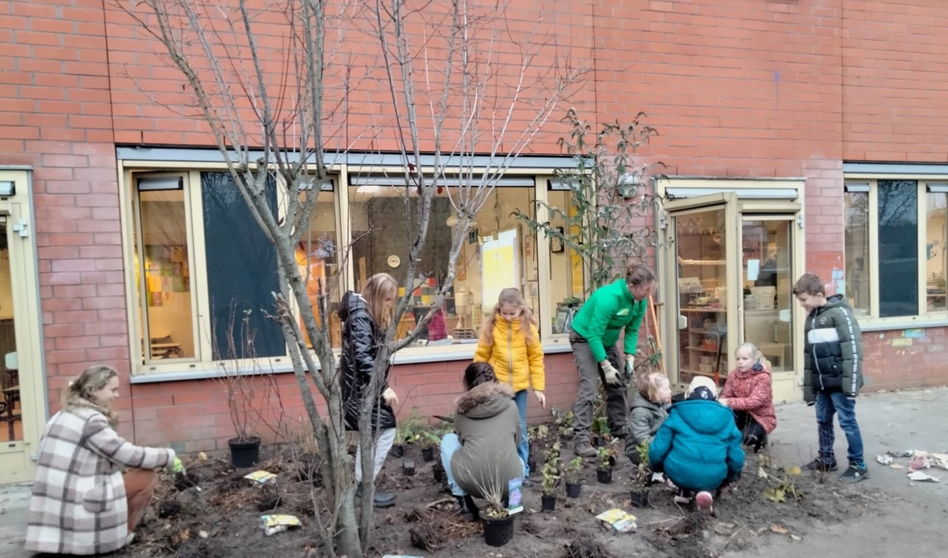 De toekomstige bloementuin bij obs De Meander in Drachten. Groot en klein stak de handen uit de mouwen.