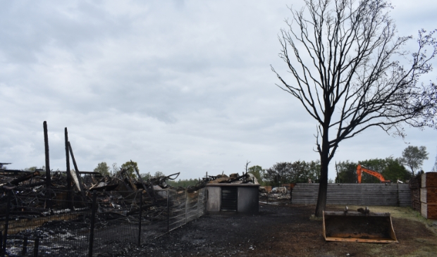 Van de grote loods is niets meer over. Of deze boom de brand overleeft is ook nog de vraag. Maar er raakte niemand gewond.