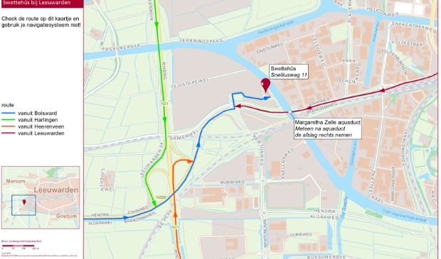 <p>It Swettehûs is te vinden in Leeuwarden, pal westelijk van het Van Harinxmakanaal, iets ten noorden van het Margaretha Zelle-aquaduct. </p>